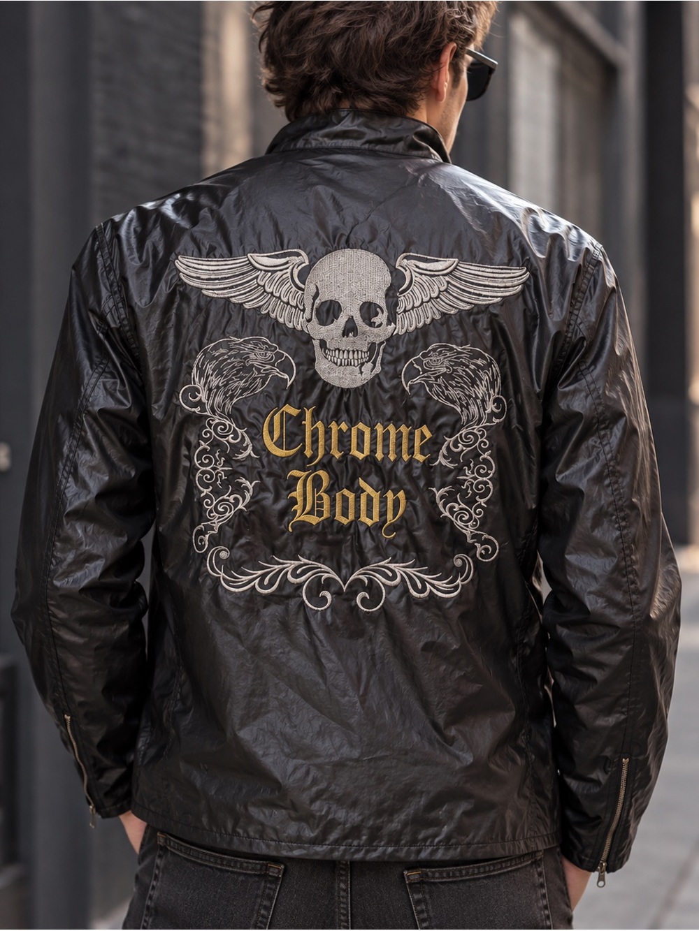 Chrome Body Japanese Skull Embroidered Moto Jacket Men’s L